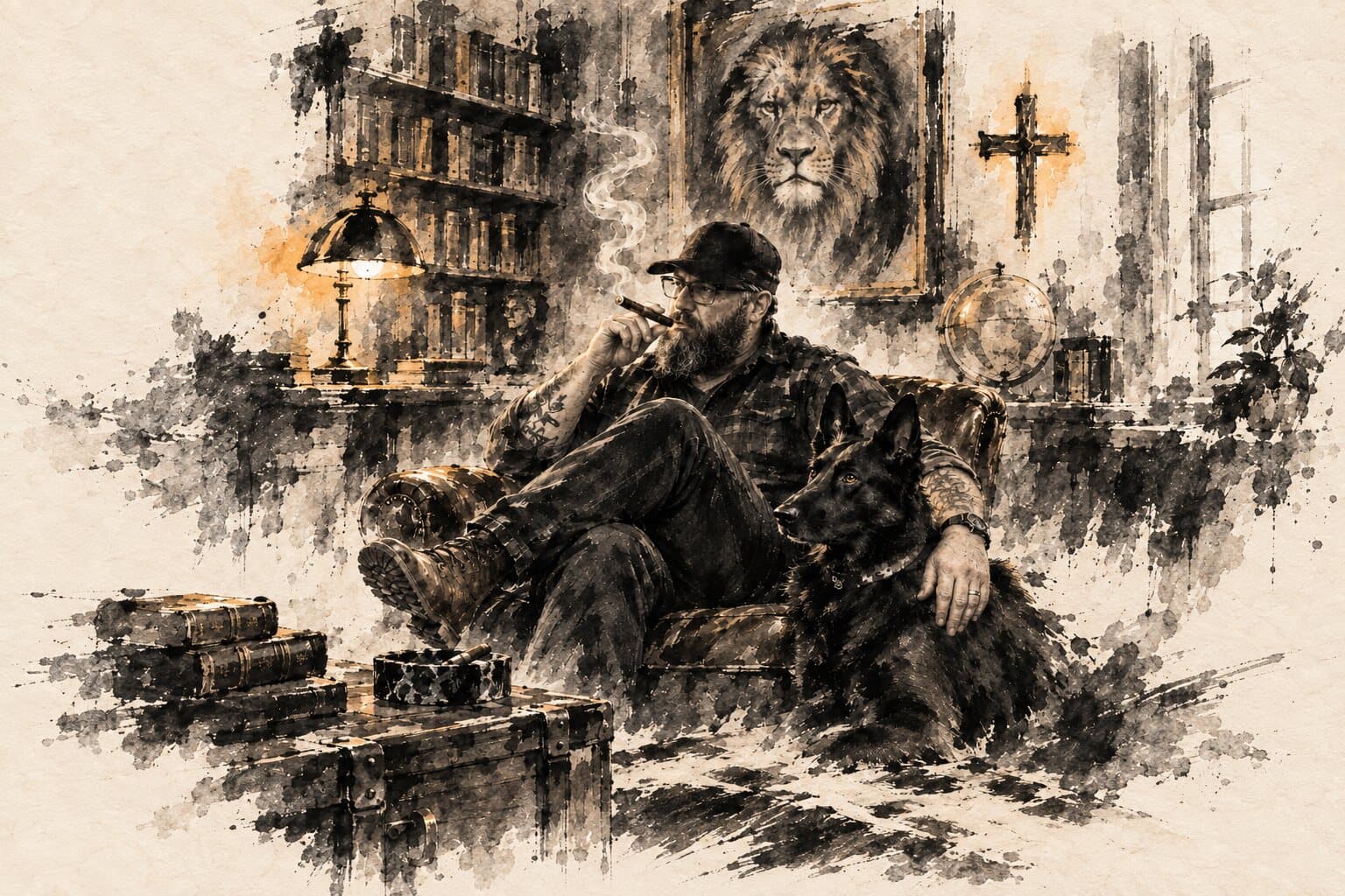 Ink illustration of Jake McCluskey seated in a leather chair with his service dog Hope at his side